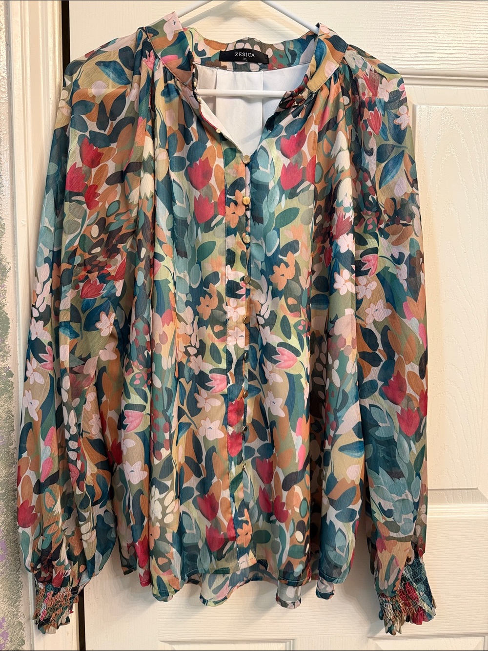 Zesica Floral Sheer Lined Button-Front Blouse - Multicolor